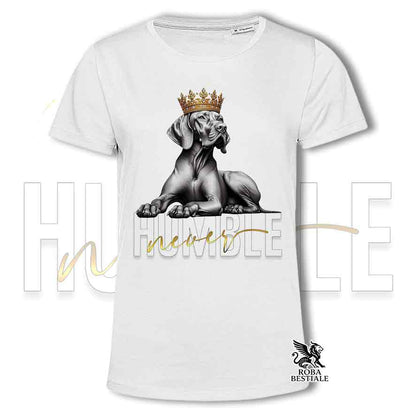 T-shirt stampata con un Bracco Ungherese a pelo corto "Vizla", colore bianco con grafica Never Humble