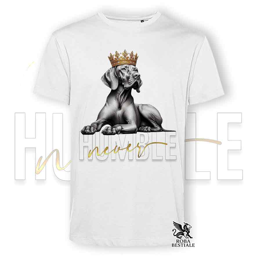 T-shirt stampata con un Bracco Ungherese a pelo corto "Vizla", colore bianco con grafica Never Humble