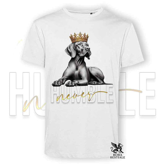T-shirt stampata con un Bracco Ungherese a pelo corto "Vizla", colore bianco con grafica Never Humble