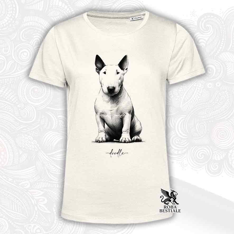 T-shirt beige stampata con un Bull Terrier, grafica Doodle