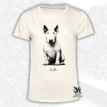 T-shirt beige stampata con un Bull Terrier, grafica Doodle