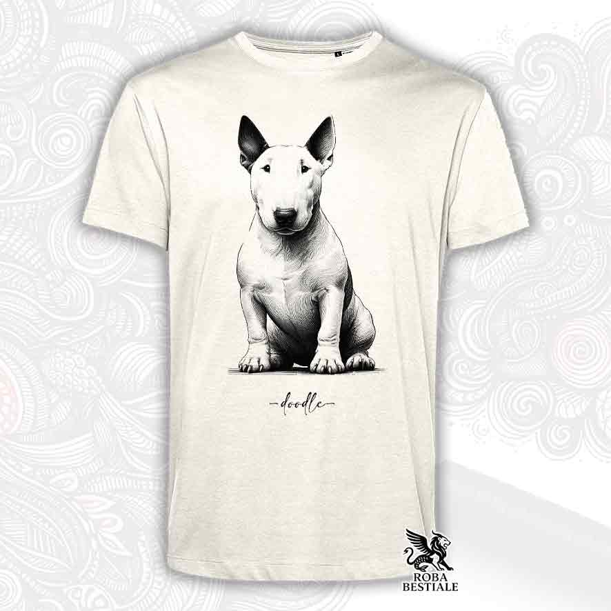 T-shirt beige stampata con un Bull Terrier, grafica Doodle