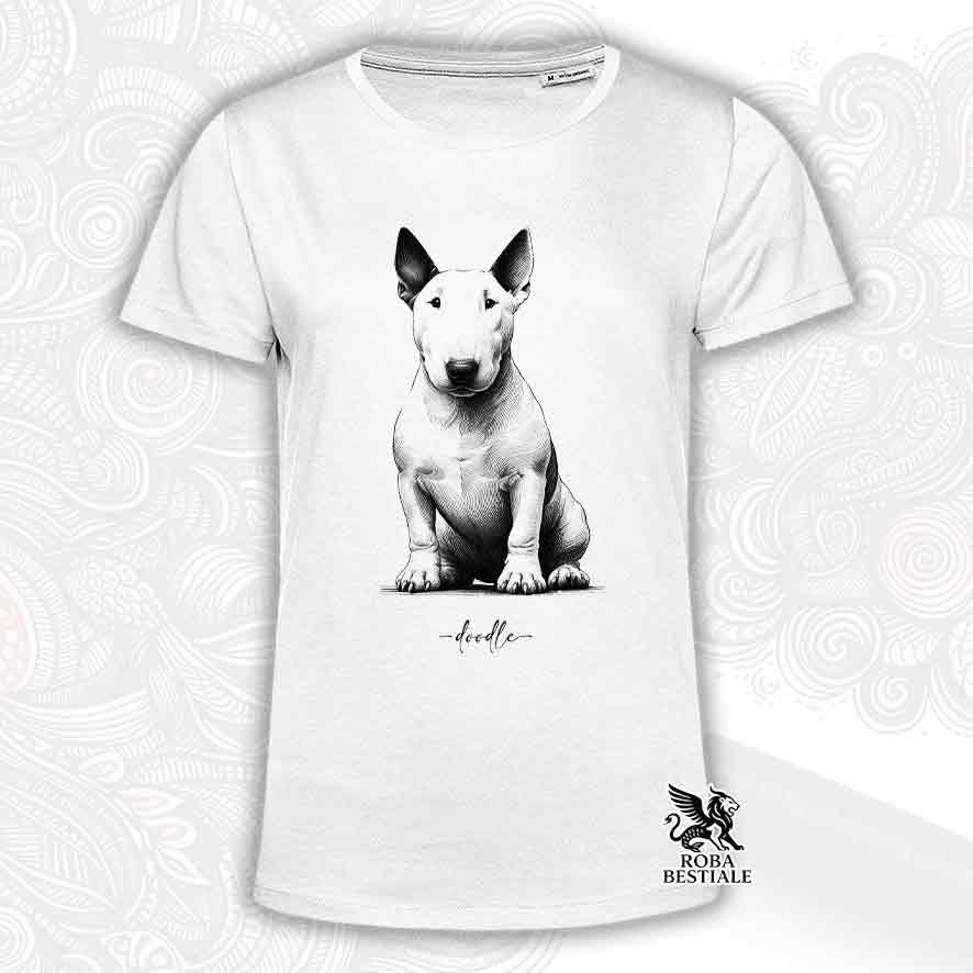 T-shirt bianca stampata con un Bull Terrier, grafica Doodle