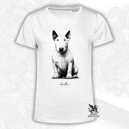 T-shirt bianca stampata con un Bull Terrier, grafica Doodle