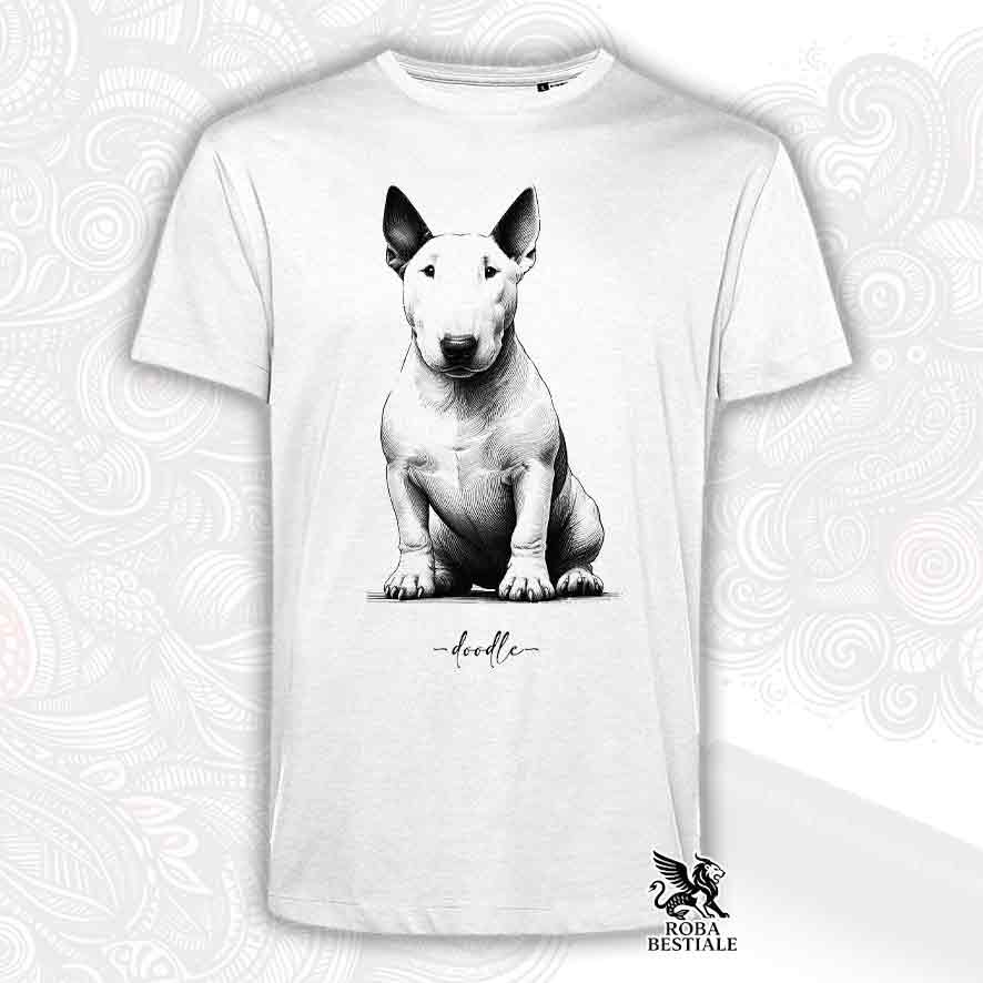 T-shirt bianca stampata con un Bull Terrier, grafica Doodle