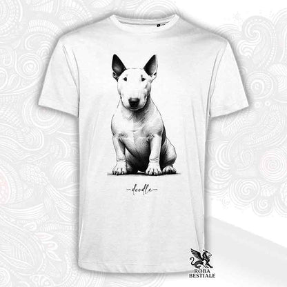T-shirt bianca stampata con un Bull Terrier, grafica Doodle