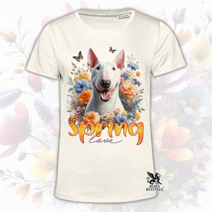 Una t-shirt beige stampata con un Bull Terrier immerso nei fiori colorati. Collezione Spring Love di Roba Bestiale