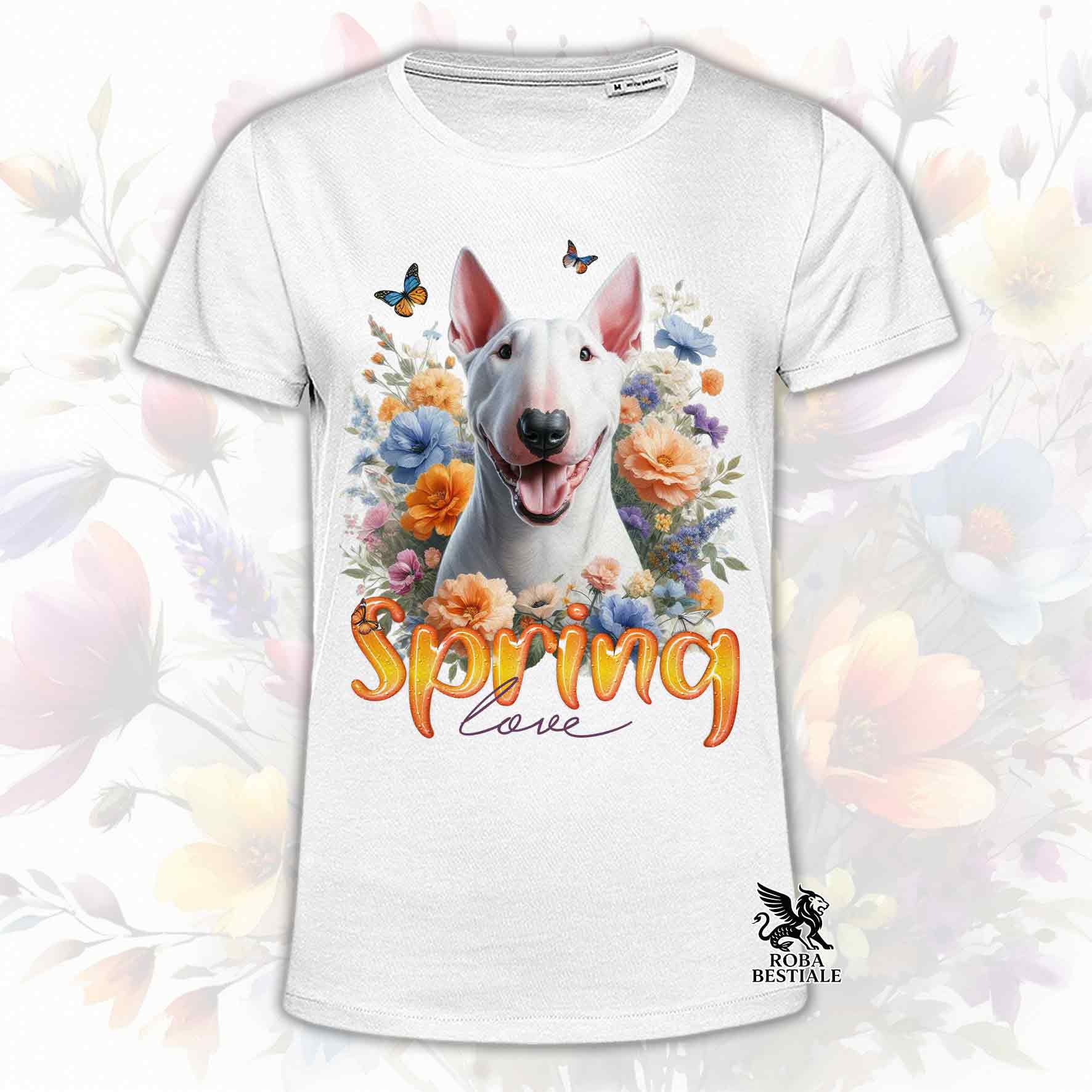 Una t-shirt bianca stampata con un Bull Terrier immerso nei fiori colorati. Collezione Spring Love di Roba Bestiale