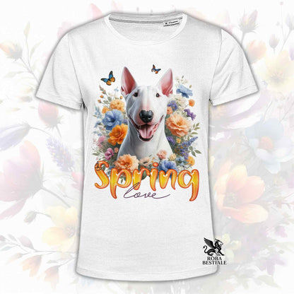 Una t-shirt bianca stampata con un Bull Terrier immerso nei fiori colorati. Collezione Spring Love di Roba Bestiale