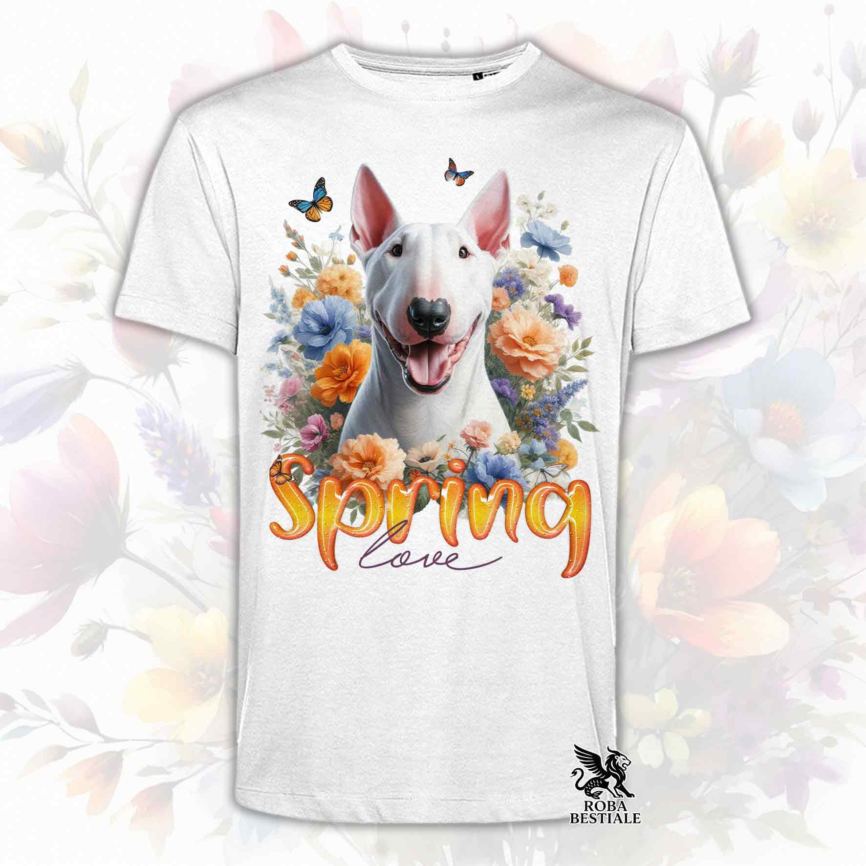 Una t-shirt bianca stampata con un Bull Terrier immerso nei fiori colorati. Collezione Spring Love di Roba Bestiale