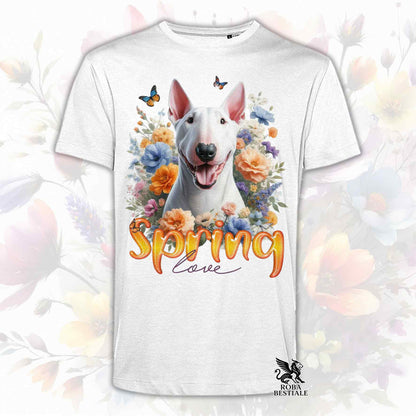 Una t-shirt bianca stampata con un Bull Terrier immerso nei fiori colorati. Collezione Spring Love di Roba Bestiale