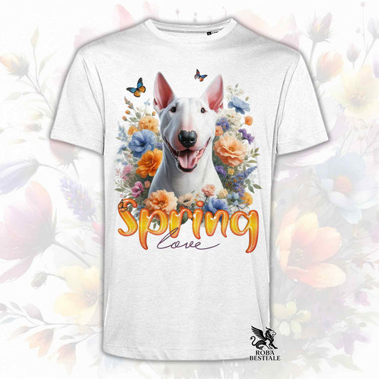 Una t-shirt bianca stampata con un Bull Terrier immerso nei fiori colorati. Collezione Spring Love di Roba Bestiale
