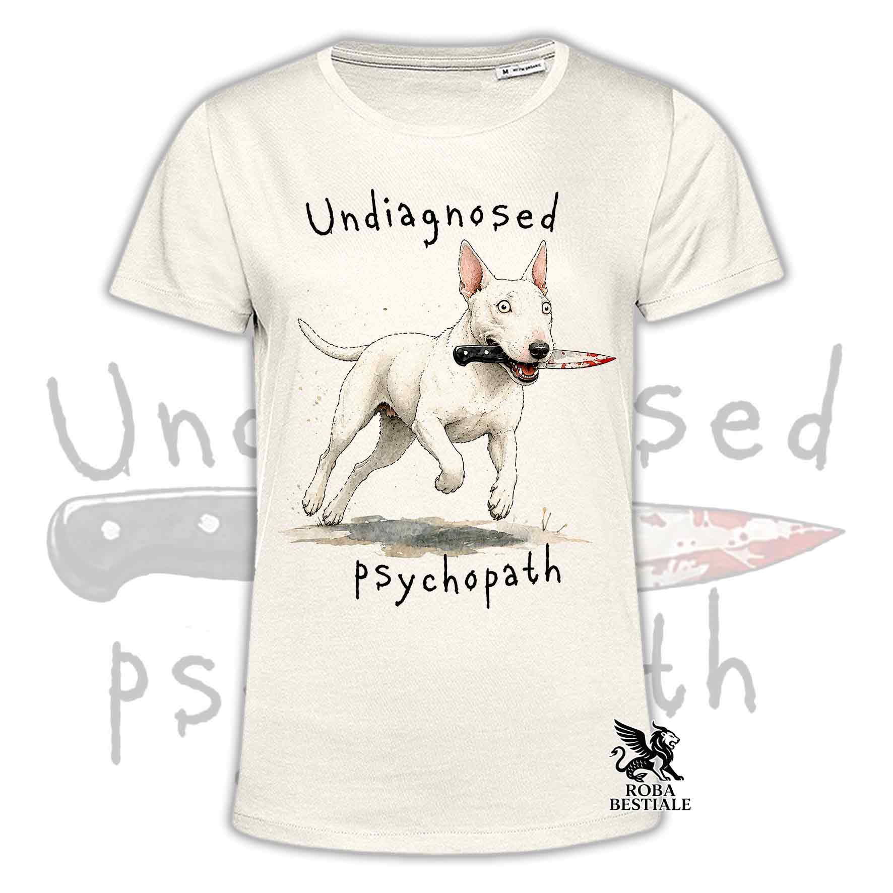 T-shirt beige stampata con un Bull Terrier che tiene un coltello tra i denti. Grafica originale Roba Bestiale, collezione Psychopath