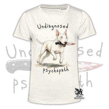 T-shirt beige stampata con un Bull Terrier che tiene un coltello tra i denti. Grafica originale Roba Bestiale, collezione Psychopath