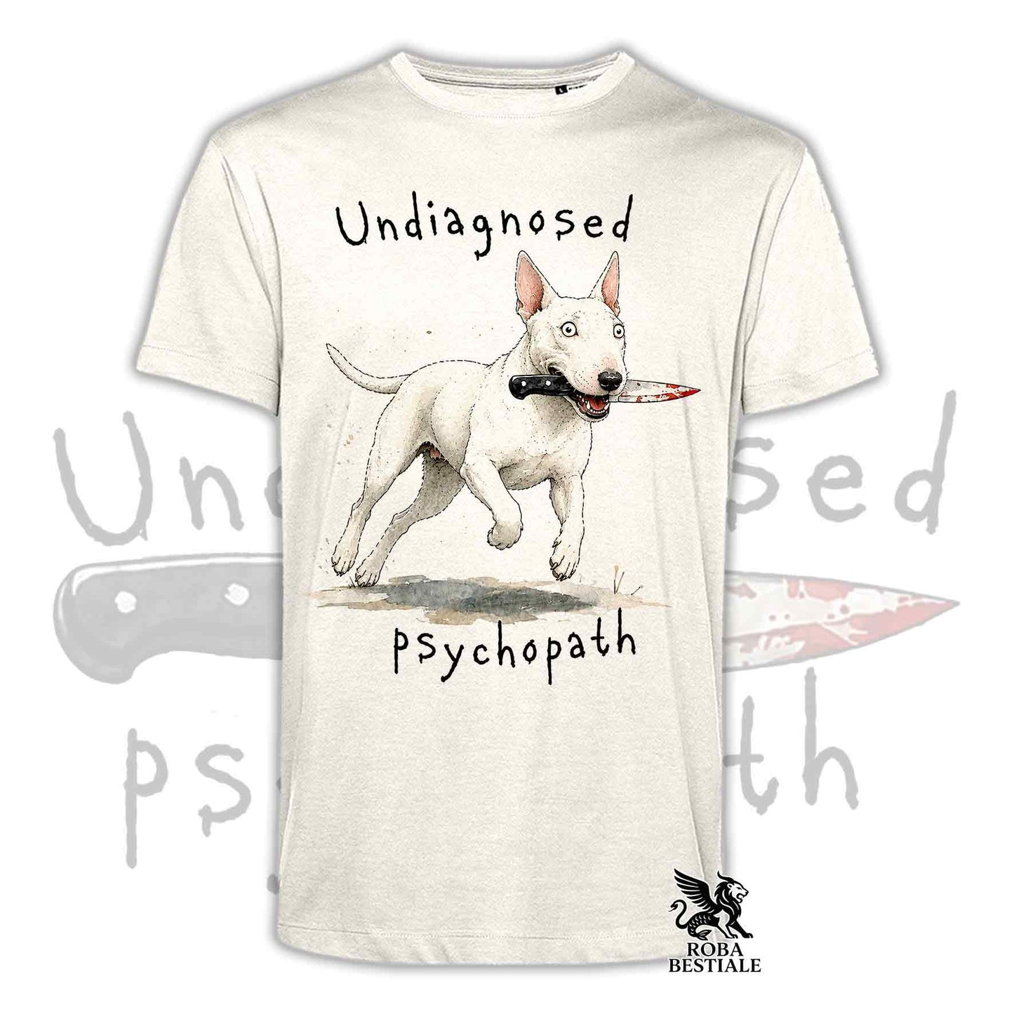 T-shirt beige stampata con un Bull Terrier che tiene un coltello tra i denti. Grafica originale Roba Bestiale, collezione Psychopath