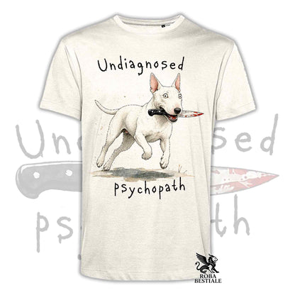 T-shirt beige stampata con un Bull Terrier che tiene un coltello tra i denti. Grafica originale Roba Bestiale, collezione Psychopath