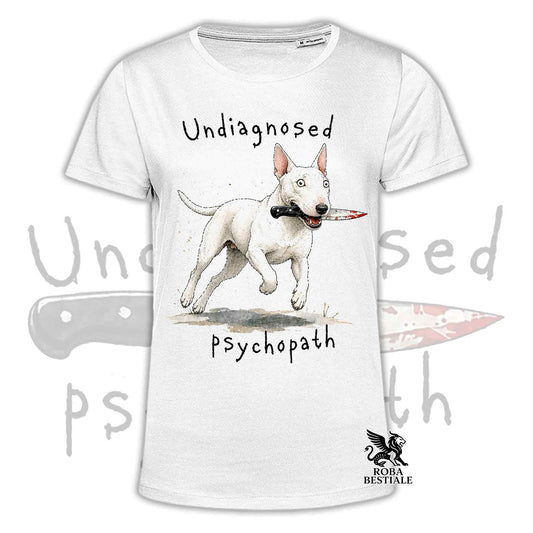 T-shirt bianca stampata con un Bull Terrier che tiene un coltello tra i denti. Grafica originale Roba Bestiale, collezione Psychopath