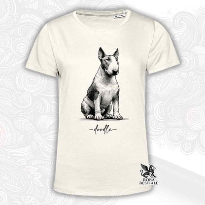 T-shirt beige stampata con un Bull Terrier, grafica Doodle