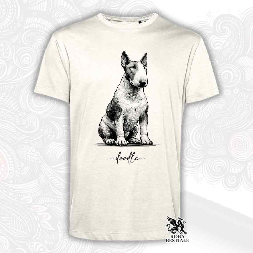 T-shirt beige stampata con un Bull Terrier, grafica Doodle