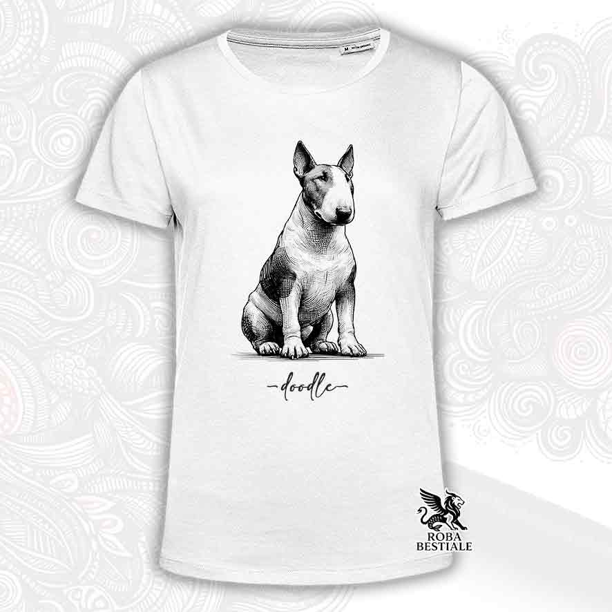 T-shirt bianca stampata con un Bull Terrier, grafica Doodle