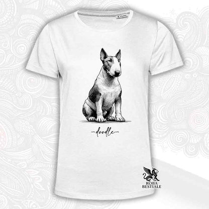 T-shirt bianca stampata con un Bull Terrier, grafica Doodle