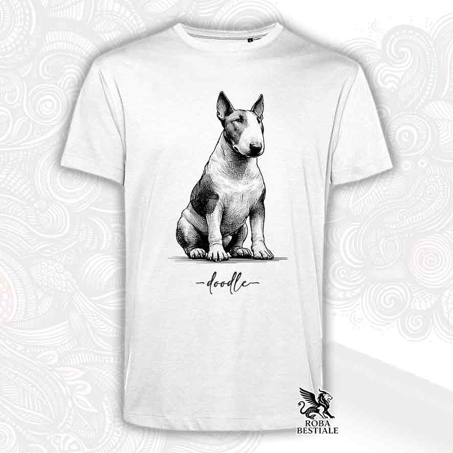 T-shirt bianca stampata con un Bull Terrier, grafica Doodle