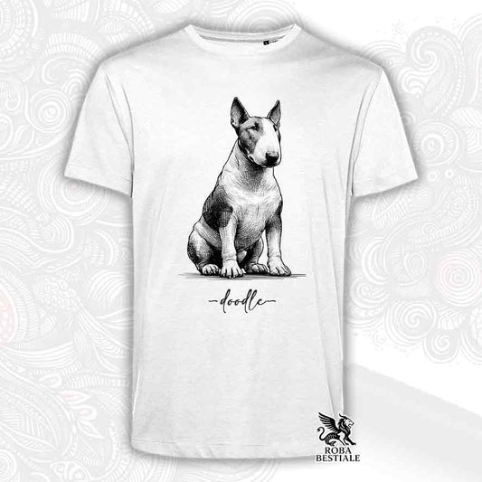 T-shirt bianca stampata con un Bull Terrier, grafica Doodle