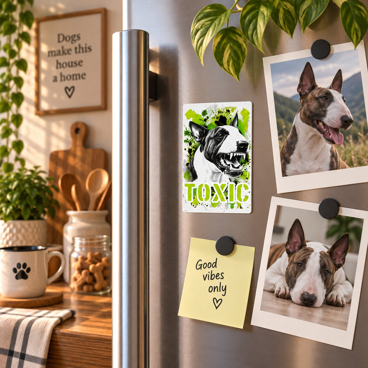 Calamita in MDF con la stampa di un Bull Terrier. Idea regalo per amanti dei cani, da Roba Bestiale