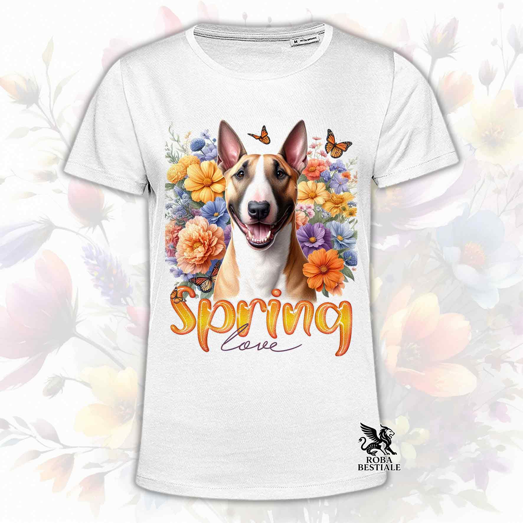 Una t-shirt bianca stampata con un Bull Terrier immerso nei fiori colorati. Collezione Spring Love di Roba Bestiale