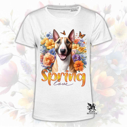 Una t-shirt bianca stampata con un Bull Terrier immerso nei fiori colorati. Collezione Spring Love di Roba Bestiale