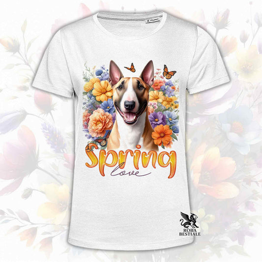 Una t-shirt bianca stampata con un Bull Terrier immerso nei fiori colorati. Collezione Spring Love di Roba Bestiale