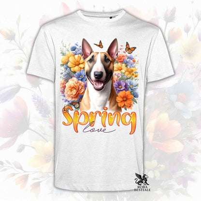 Una t-shirt bianca stampata con un Bull Terrier immerso nei fiori colorati. Collezione Spring Love di Roba Bestiale
