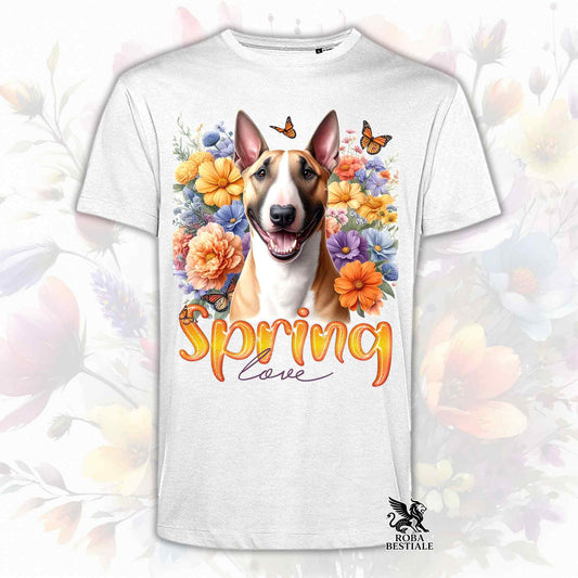 Una t-shirt bianca stampata con un Bull Terrier immerso nei fiori colorati. Collezione Spring Love di Roba Bestiale