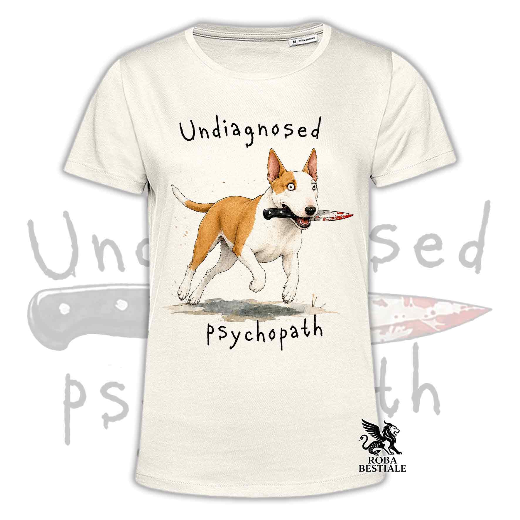 T-shirt beige stampata con un Bull Terrier che tiene un coltello tra i denti. Grafica originale Roba Bestiale, collezione Psychopath