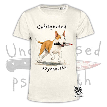 T-shirt beige stampata con un Bull Terrier che tiene un coltello tra i denti. Grafica originale Roba Bestiale, collezione Psychopath