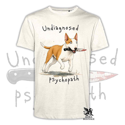 T-shirt beige stampata con un Bull Terrier che tiene un coltello tra i denti. Grafica originale Roba Bestiale, collezione Psychopath