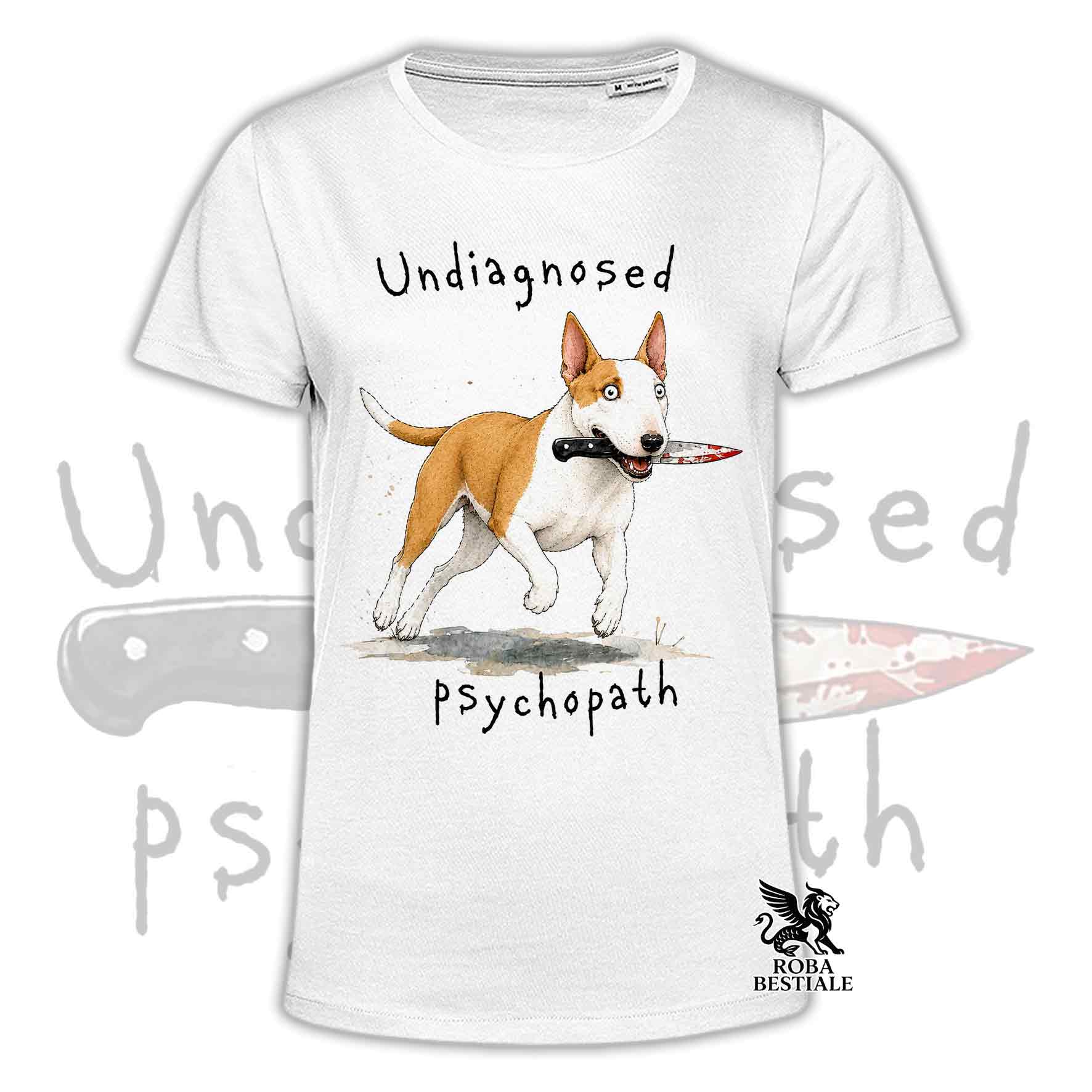 T-shirt bianca stampata con un Bull Terrier che tiene un coltello tra i denti. Grafica originale Roba Bestiale, collezione Psychopath