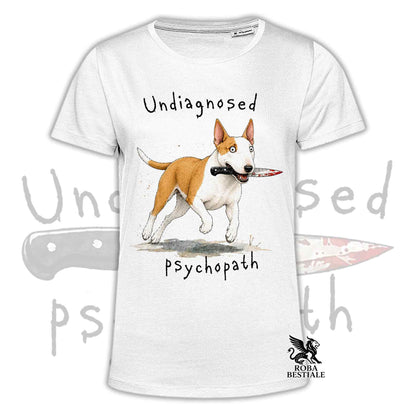 T-shirt bianca stampata con un Bull Terrier che tiene un coltello tra i denti. Grafica originale Roba Bestiale, collezione Psychopath