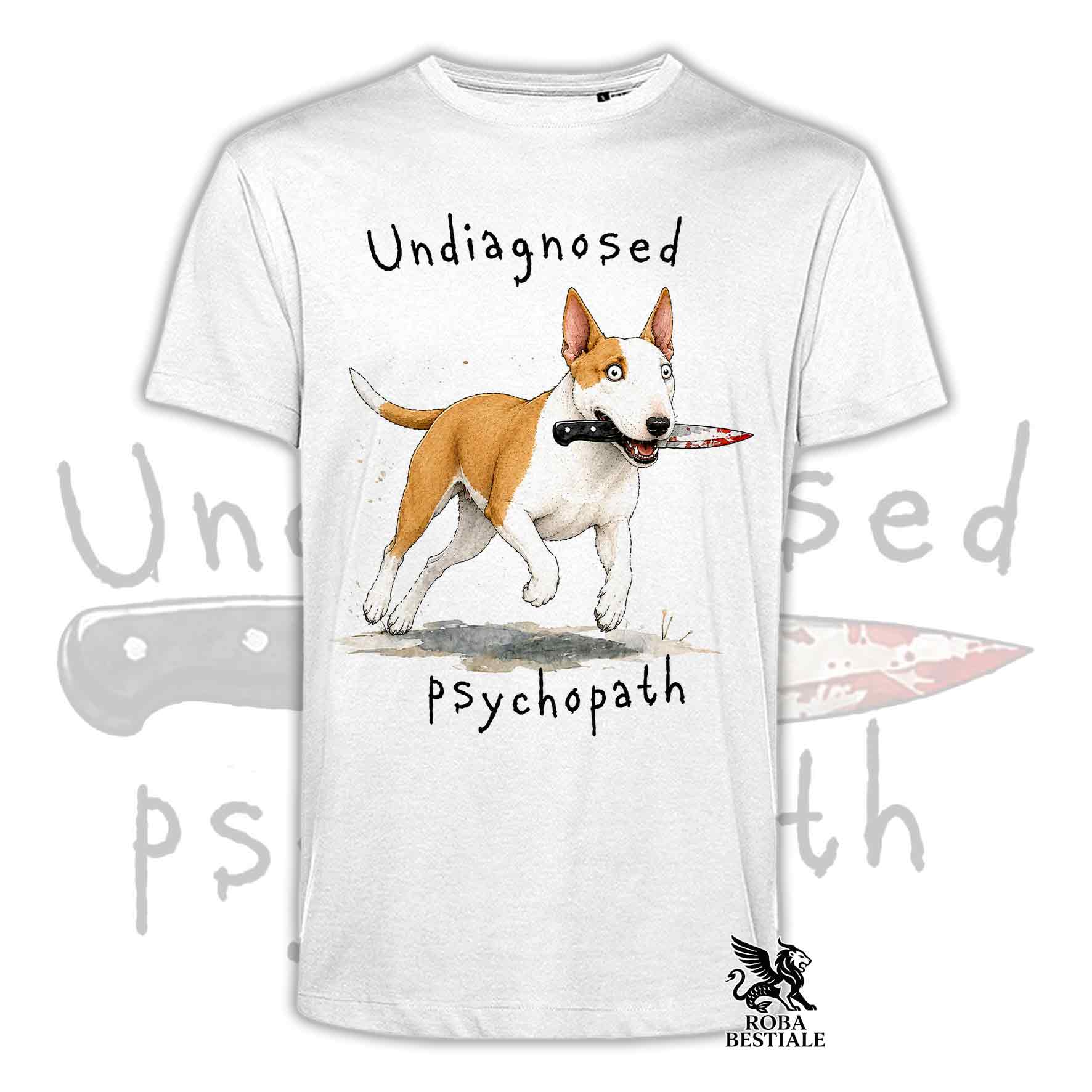 T-shirt bianca stampata con un Bull Terrier che tiene un coltello tra i denti. Grafica originale Roba Bestiale, collezione Psychopath