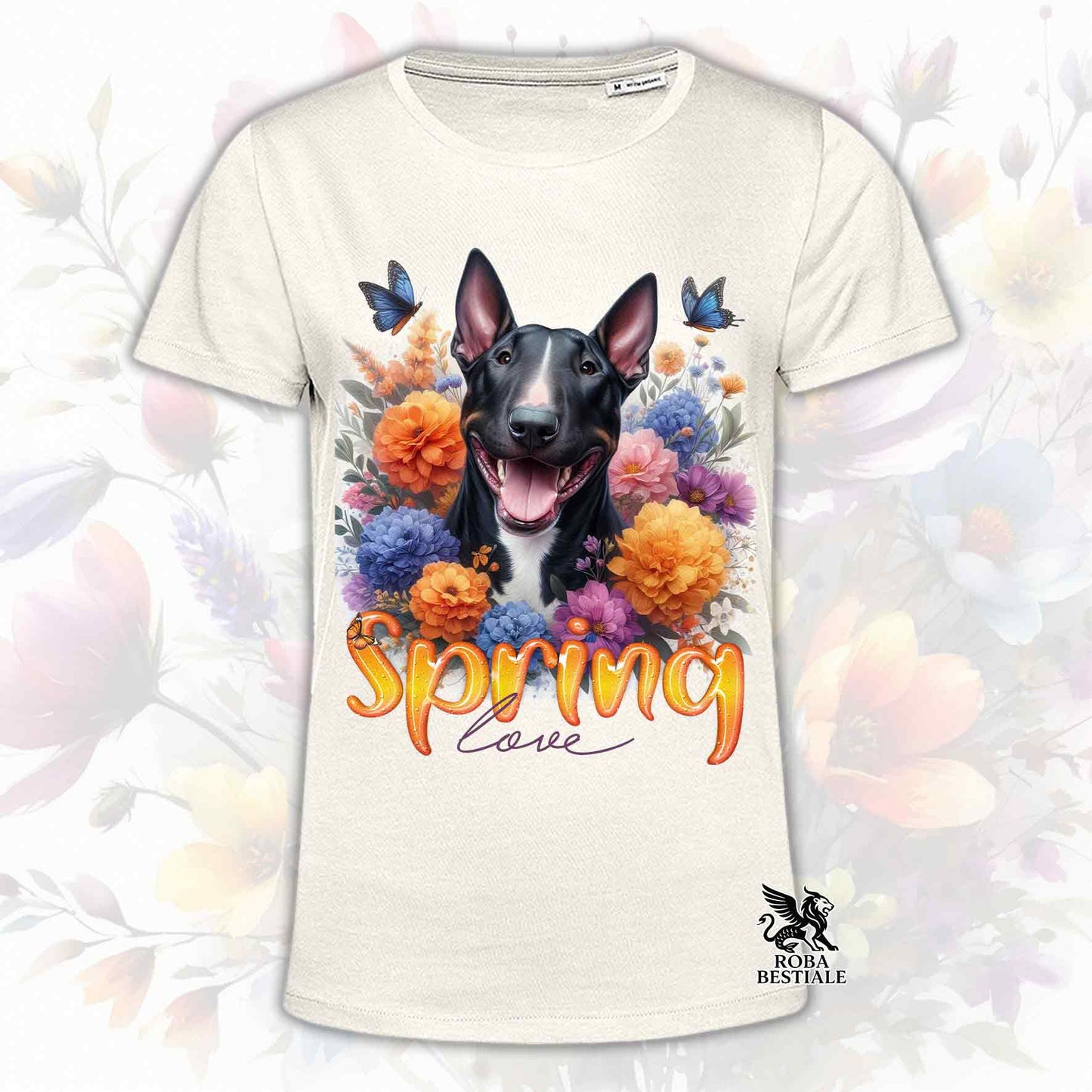 Una t-shirt beige stampata con un Bull Terrier immerso nei fiori colorati. Collezione Spring Love di Roba Bestiale