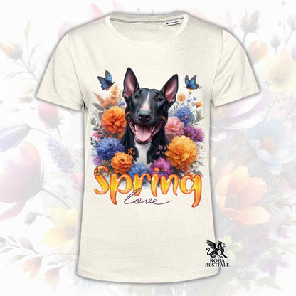 Una t-shirt beige stampata con un Bull Terrier immerso nei fiori colorati. Collezione Spring Love di Roba Bestiale