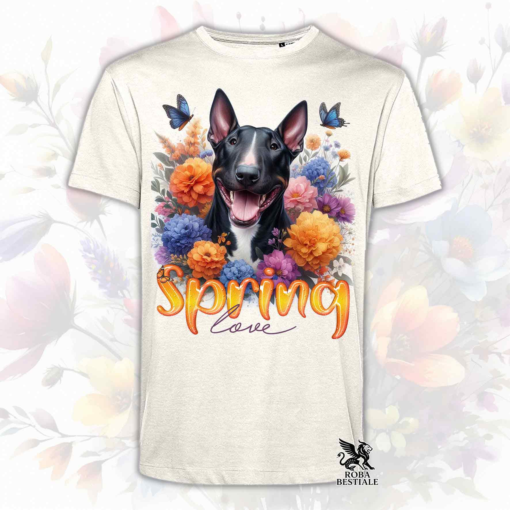 Una t-shirt beige stampata con un Bull Terrier immerso nei fiori colorati. Collezione Spring Love di Roba Bestiale
