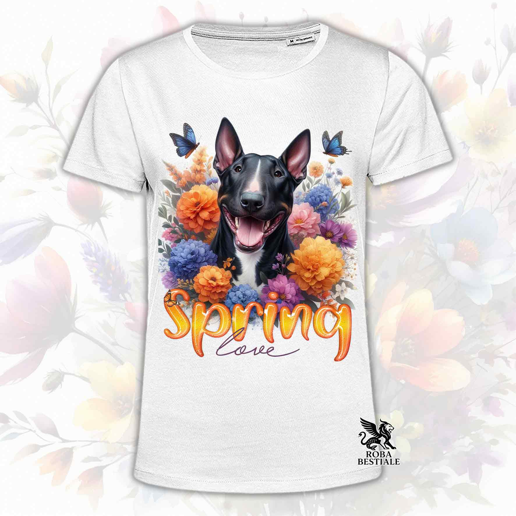 Una t-shirt bianca stampata con un Bull Terrier immerso nei fiori colorati. Collezione Spring Love di Roba Bestiale