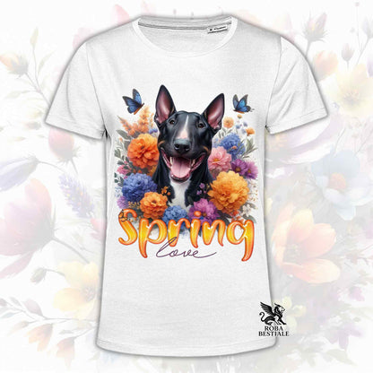 Una t-shirt bianca stampata con un Bull Terrier immerso nei fiori colorati. Collezione Spring Love di Roba Bestiale