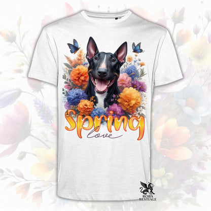 Una t-shirt bianca stampata con un Bull Terrier immerso nei fiori colorati. Collezione Spring Love di Roba Bestiale