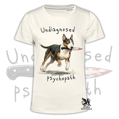 T-shirt beige stampata con un Bull Terrier che tiene un coltello tra i denti. Grafica originale Roba Bestiale, collezione Psychopath