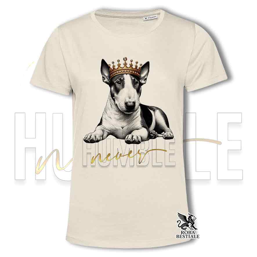 T-shirt stampata con un Bull Terrier, colore beige con grafica Never Humble