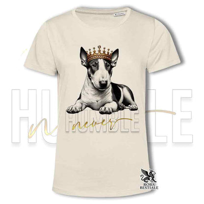 T-shirt stampata con un Bull Terrier, colore beige con grafica Never Humble