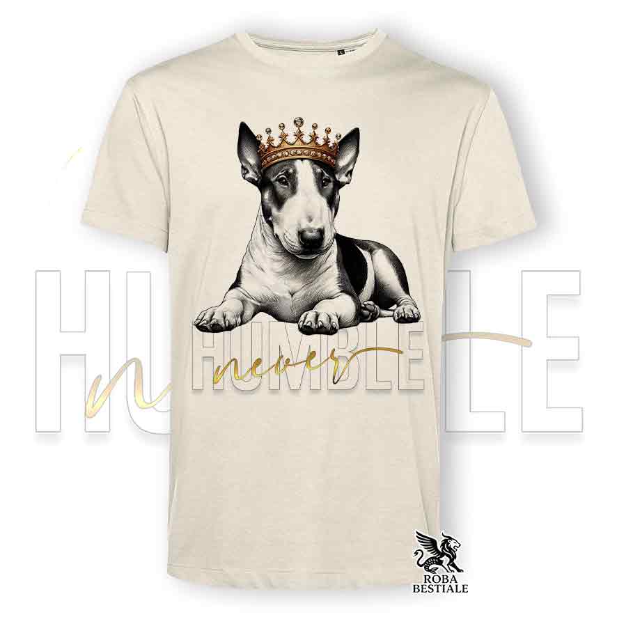 T-shirt stampata con un Bull Terrier, colore beige con grafica Never Humble