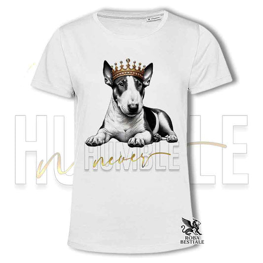 T-shirt stampata con un Bull Terrier, colore bianco con grafica Never Humble